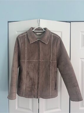 VINTAGE DKNY Taupe Shearling-Trim Zip Front Women's Jacket Suede and Sherpa